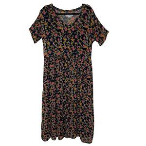 At Last & Co. Dress Black Floral Oversized Dropped Waist Midi Dress Size M Boho